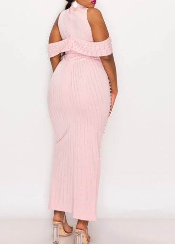 Luxury Pink Rhinestone Front Slit Maxi Dress