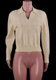 Khaki Turndown Collar Drop Shoulder V-Neck Sweater Top
