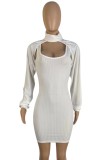 White High Neck Puff Sleeve Ribbed Cape and Tank Dress Two Piece Set
