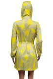 Print Yellow Zipped Up Long Sleeve Hoody Jacket and Matching Shorts Two Piece Set
