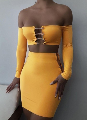 Yellow Pin Up Off Shoulder Long Sleeve Crop Top and Midi Skirt Two Piece Set