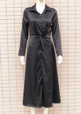 Black Silk Long Sleeve Button Up Turndown Collar Long Dress