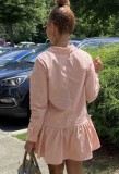 Pink Turndown Collar Button Up Ruffles Hem Mini Dress