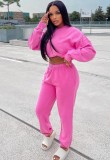 Pink Long Sleeve Drop Shoulder Top and Pants Two Piece Set