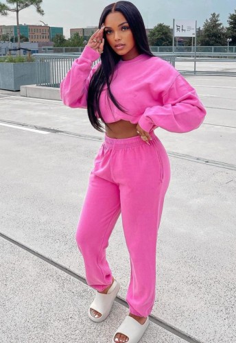 Pink Long Sleeve Drop Shoulder Top and Pants Two Piece Set