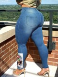 Plus Size BLue High Waist Slit Bodycon Jeans