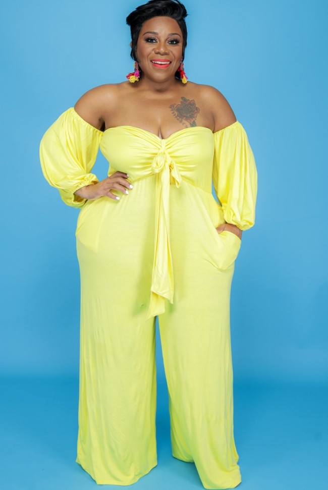 Plus Size Yellow Knotted Off Shoulder Wide Jumpsuit