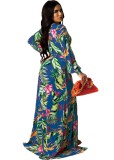 Print Floral Blue Wrap Long Maxi Dress with Belt