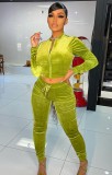 Green Velvet Zipped Up Long Sleeve Crop Top and Drawstring Pants Two Piece Set