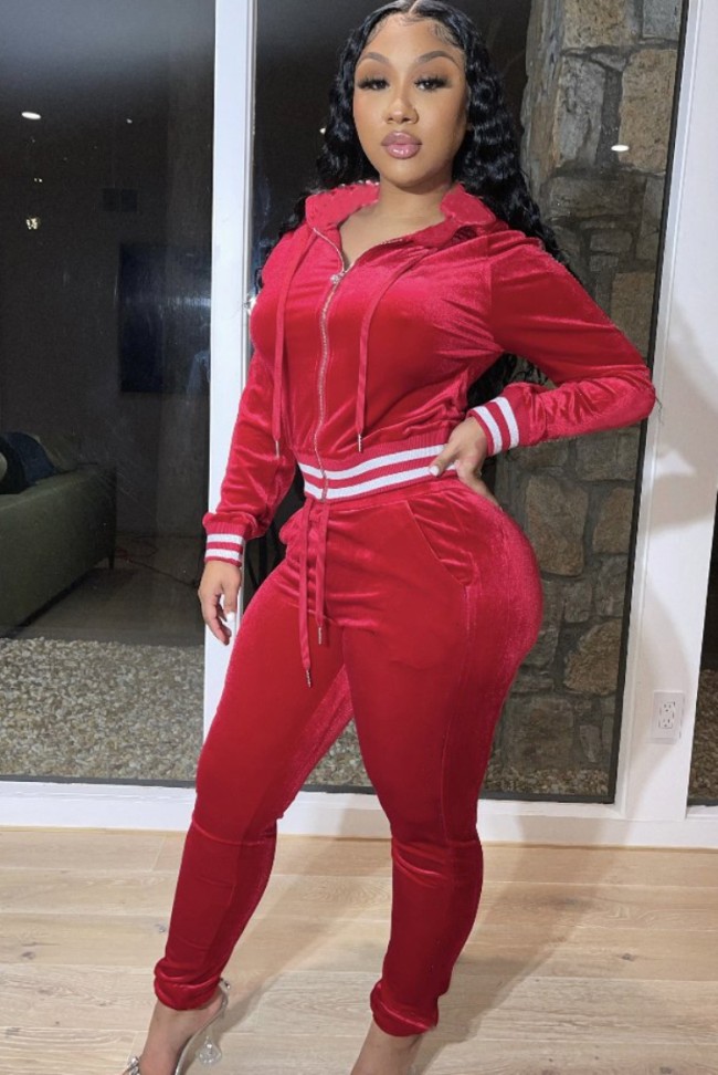 Red Velvet Zipped Up Long Sleeve Drawstring Top and Pant Two Piece Set