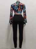 Floral Knotted Long Sleeve Crop Top and Black Pant Two Piece Set