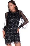 Black Sequins Tassels Irregular Long Sleeve Shiny Dress