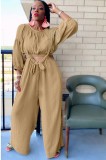 Khaki Long Sleeves O-Neck Crop Top and Suspender Wide Pants Two Piece Set