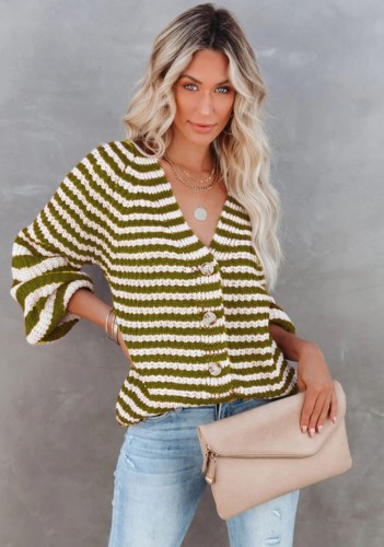Green Striped Button Up Long Sleeves Loose knitted Cardigan