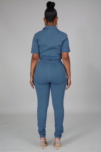 Blue Button Up Short Sleeve Denim Jumpsuit with Belt