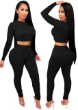Black Long Sleeves Round Neck Crop Top and Pants Two Piece Set