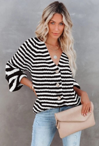 Black Striped Button Up Long Sleeves Loose knitted Cardigan