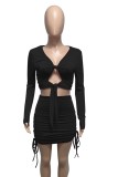 Black Cut Out Tie Long Sleeve Crop Top and Mini Drawstring dress Two Piece Set