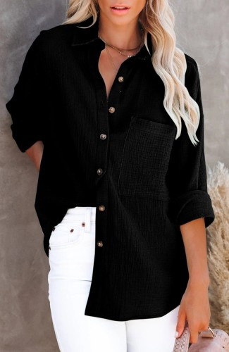 Black Pocket Button Up Long Sleeves Blouse
