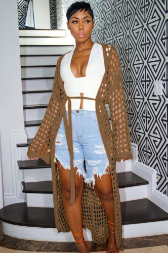 Brown Crochet Hollow Out Long Sleeve Long Cardigans with Belt