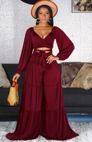 Red V-Neck Tie Long Puff Sleeve Crop Top and Wide Pant Two Piece Set