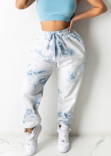 Blue Tie Dye White Drawstrings High Waist Sweatpants