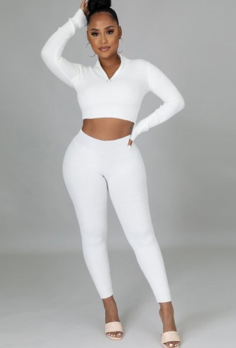 White Zipper Collar Long Sleeve Crop Top and Pants Two Piece Set