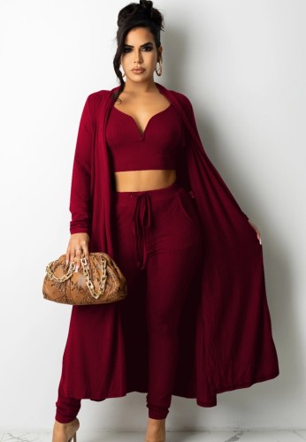 Burgunry Knit Cami Crop Top and Drawstring Pants with Long Cardigans Three Piece Set
