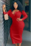 Plus Size Red Button O-Neck Long Sleeve Bodycon Long Dress