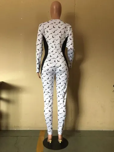 Print Side Black Zipper Up Long Sleeve White Jumpsuit