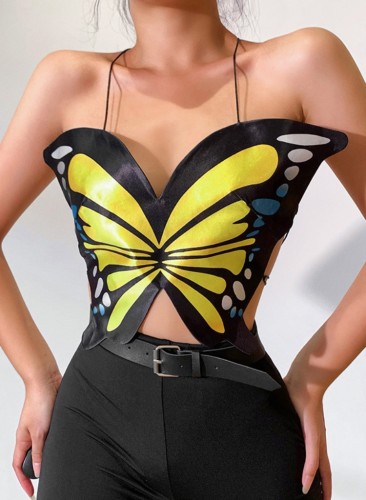 Yellow Oversides Butterfly Halter Backless Cami Top
