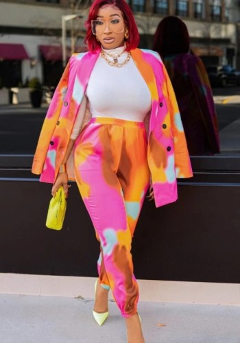 Colorful Button Long Sleeve Blazer and Matching Pants Two Piece Set