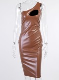 Brown Leather One Shoulder Sleeveless Slit Bodycon Dress