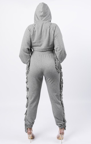 Grey Long Sleeves Tassel Hoody Crop Top and Pants Two Piece Set