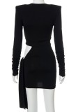 Black Cut Out O-Neck Pad Shoulder Long Sleeve Shirring Dress
