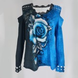 Plus Size Rose Blue Cut Out Shoulder Long Sleeves Shirt