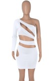 White Cut Out Single Sleeve Skew Neck Skinny Dress