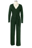 Green V-Neck Long Sleeve Fitted Jumpsuit with Belt