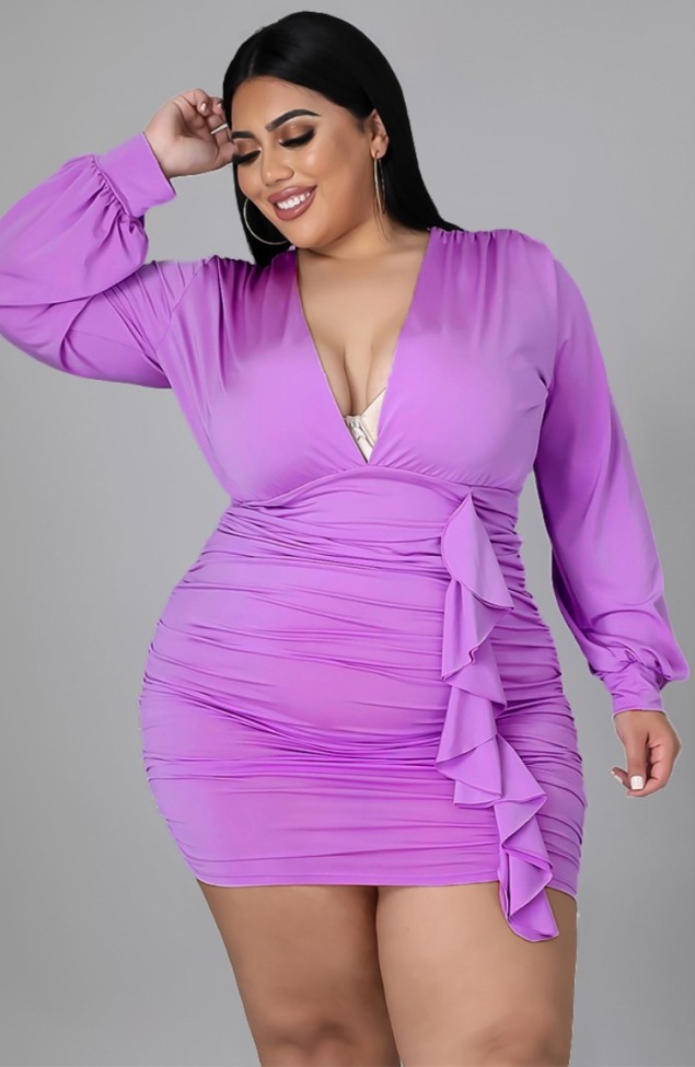 Plus Size Purple V-Neck Long Sleeve Ruffled Sheath Dress