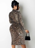 Brown Leopard Knotted Zipped Up Long Sleeve Midi Dress