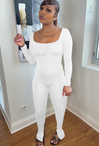 White Backless Long Sleeve Square Neck Slim Fit Jumpsuit
