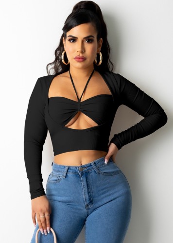 Black Cut Out Long Sleeve Halter Tight Crop Top
