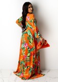 Print Floral Orange Wrap Long Maxi Dress with Belt
