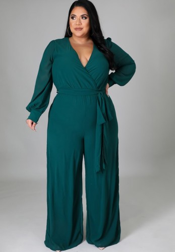 Plus Size Green Wrap Long Sleeves V-Neck Jumpsuit