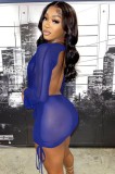 Blue See Through Long Sleeve Backless Crop Top and Mini Skirt Two Piece Set