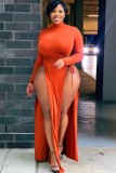 Plus Size Orange High Neck Keyhole Long Sleeve Hight Slit Maxi Dress