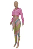 Pink Button Up Long Sleeves Crop Shirt and Multicolor High Waist Tight Pants Two Piece Set