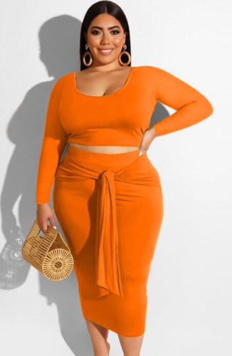 Plus Size Orange Long Sleeves U-Neck Crop Top and Tie Midi Skirt Two Piece Set