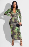 Green Snake Printed Zipper Up High Neck Long Dress