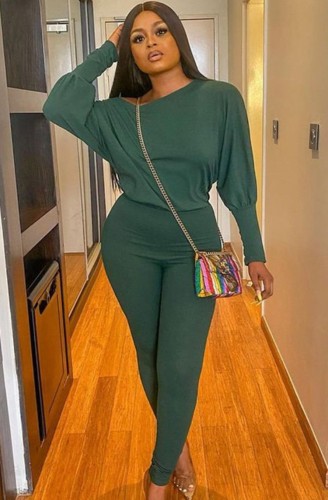 Green Puff Sleeve O-Neck Top and Pants Two Piece Set